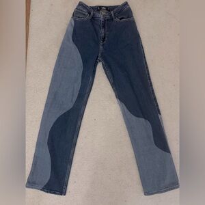 Blue and navy patchwork straight leg jeans